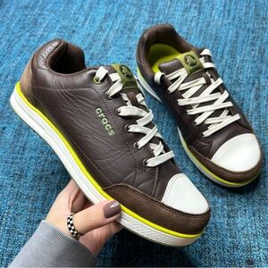 Crocs Karlson Spikeless Leather Golf Shoes in Espresso Brown Citrus